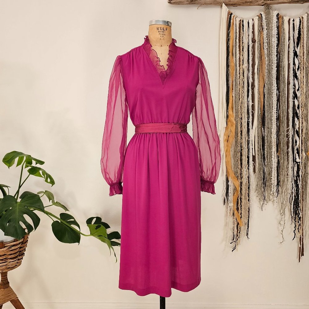 70s Vintage Amy Deb with Ruffled V-Neck, Sheer Sleaves, and Sash - Made In USA